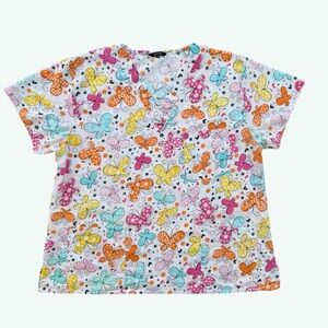 Colorful Butterfly Polka Dot Floral Heart Print Scrubs Top Medical Uniform, 2XL